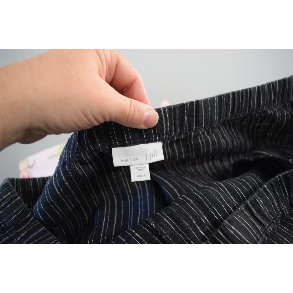J Jill Linen Pant Large Black Pinstripe Elastic Waist Womens Minimalist Crop - Picture 3 of 4